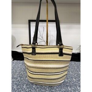 Woven Handbag Purse Stripe Paper Straw Black White Tan Leather Womens Summer Bag